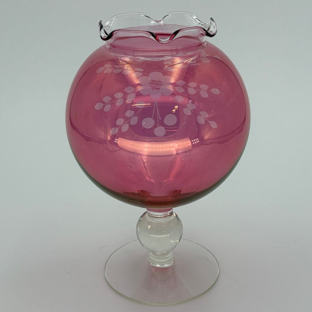 Vintage Cranberry Glass Pedestal Rose Bowl Vase, Etched Flower, Ruffled Rim 8"